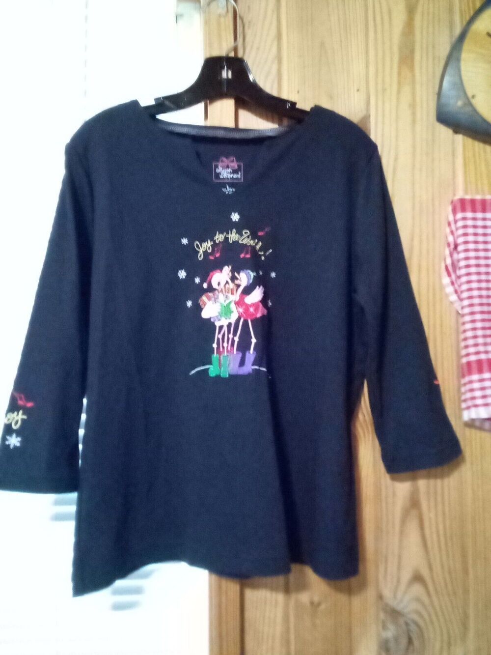 Allyson Whitmore Women's L Black Christmas Shirt Joy To The World Flamingos